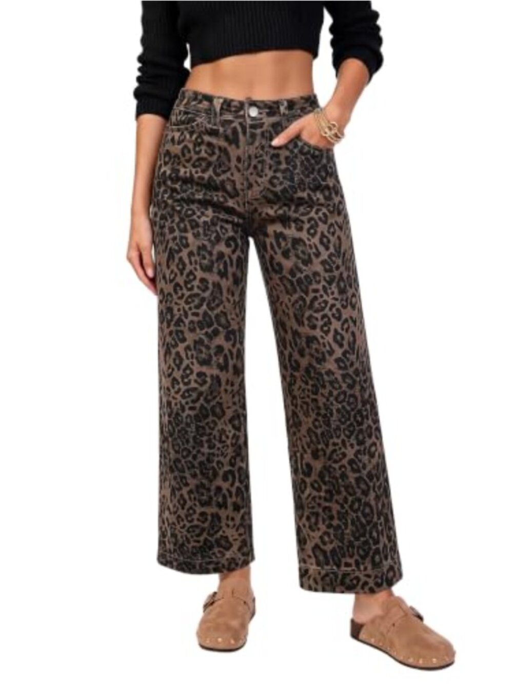 Wide Leg High Waisted Cheetah Print Ankle Length Jeans Stretchy Pull On